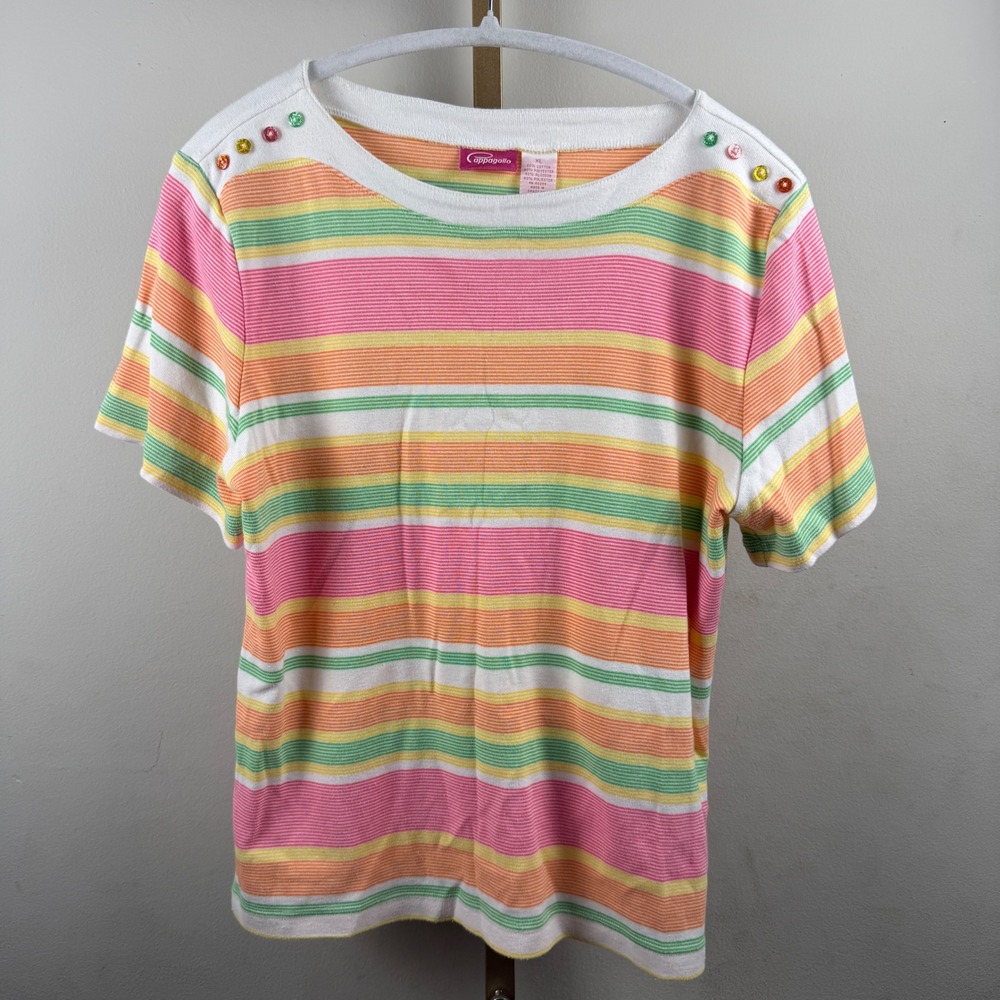 VTG Pappagallo Striped Top Womens XL Neon Y2K Button Preppy Short Sleeve Candy